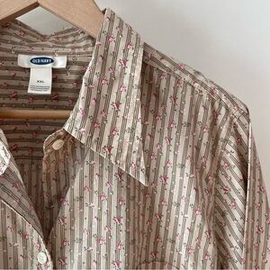 Vintage Old Navy Tan & Pink Floral Cotton Button Down Collared Shirt Size XXL